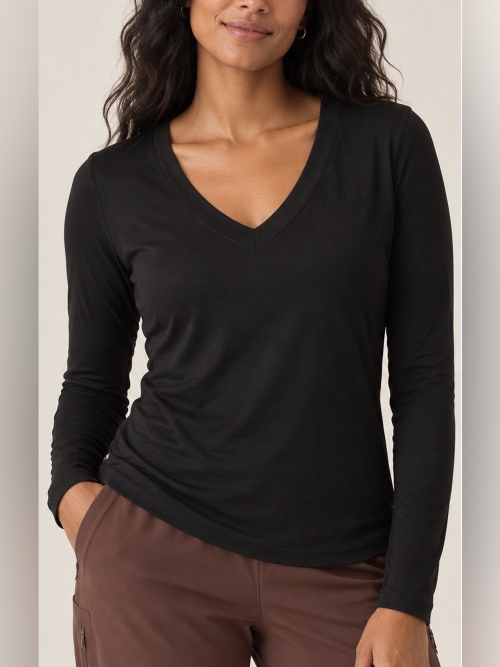 Athleta Outbound Black V-Neck Long Sleeve Top Shirred Sz XL